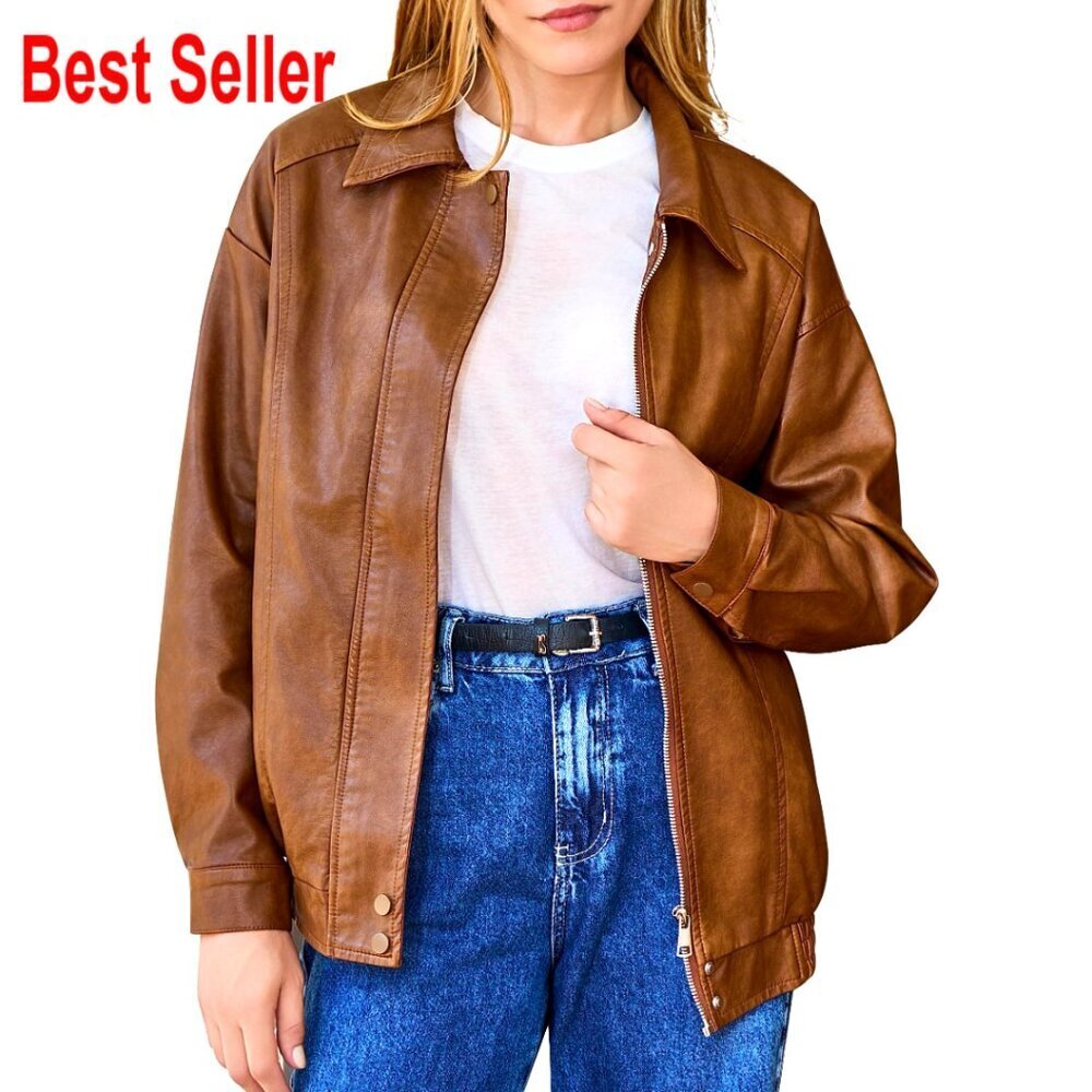 Plus Size Oversized Faux Leather Bomber Jacket Runs Large